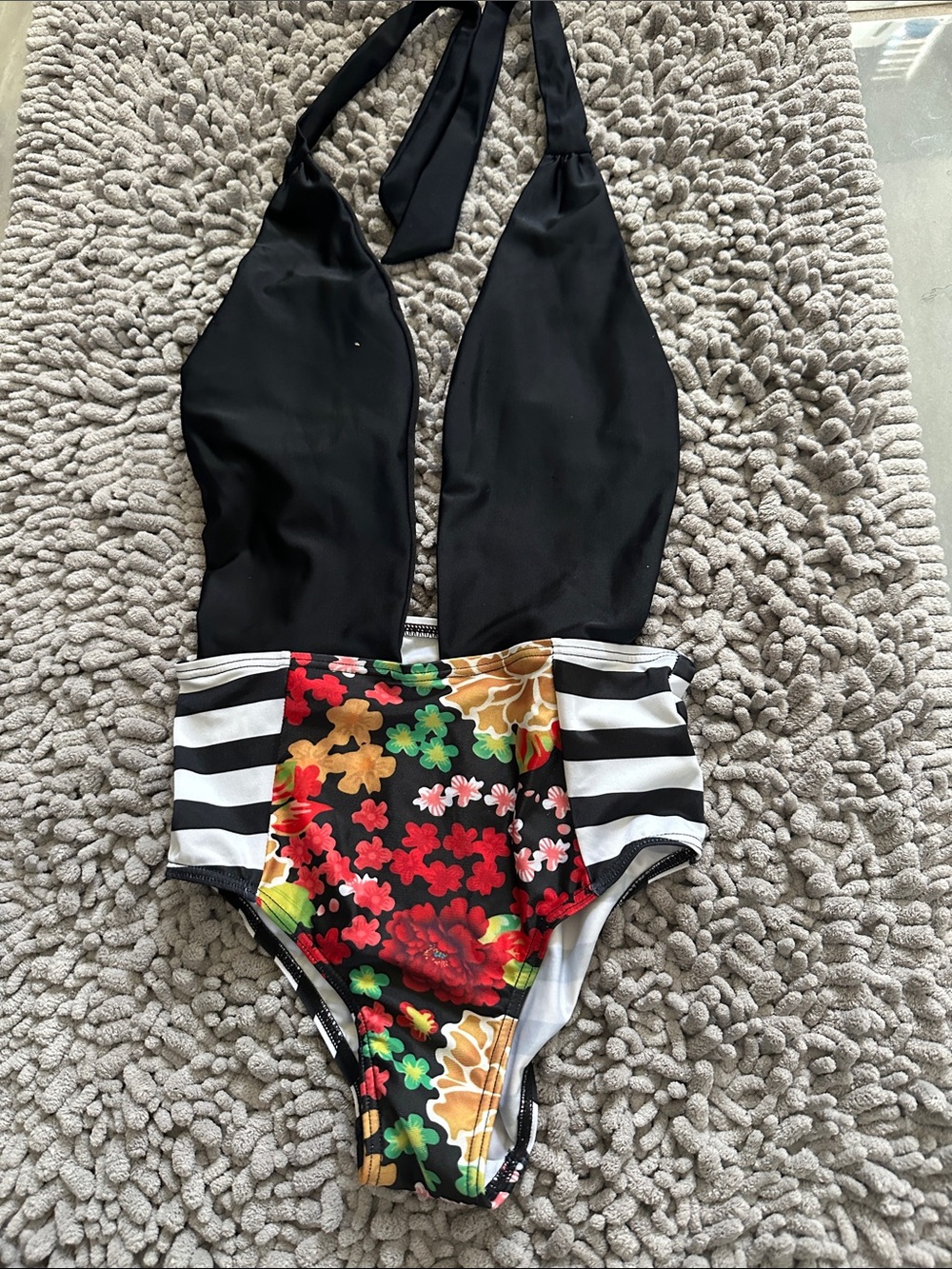 Black Halter One-Piece Swimsuit with Floral & Stripe Accents